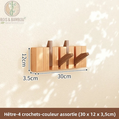 Porte Manteau Piano hetre claire 4 crochets 2 couleurs. Un porte-manteau mural de 30 cm en bois de hêtre bicolore avec 4 crochets rabattables alternant les teintes claires et foncées.