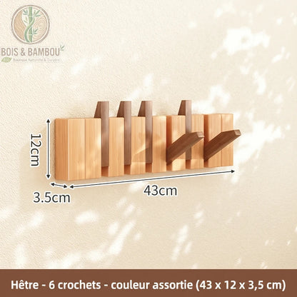 Porte Manteau Piano hetre claire 6 crochets 2 couleurs. Un porte-manteau mural de 43 cm en bois de hêtre bicolore avec 6 crochets rabattables alternant les teintes claires et foncées.