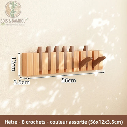 Porte Manteau Piano hetre claire 8 crochets 2 couleurs. Un porte-manteau mural de 56 cm en bois de hêtre bicolore avec 8 crochets rabattables alternant les teintes claires et foncées.
