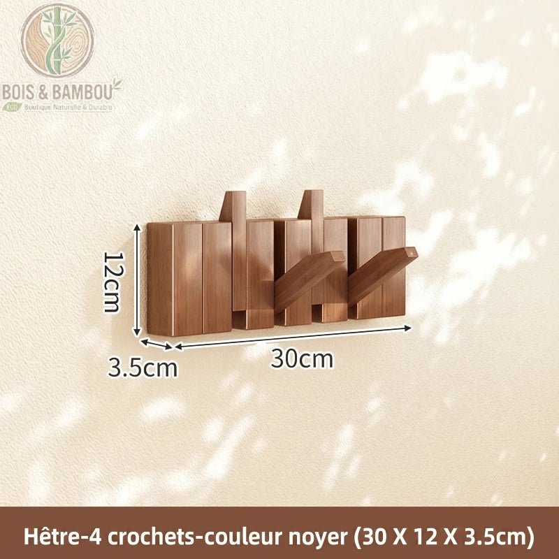 Porte Manteau Piano hetre fonce 4 crochets. Un porte-manteau mural compact en bois de hêtre couleur noyer avec 4 crochets rabattables, affichant ses dimensions de 30 x 12 x 3.5 cm.