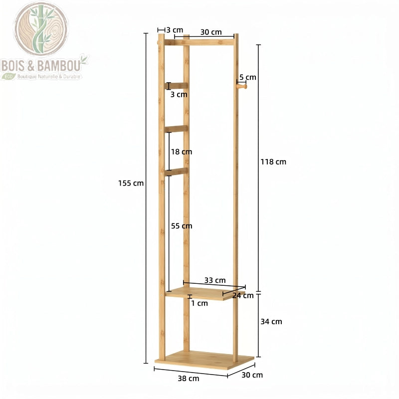 Porte Manteau d'Angle en Bambou dimensions. Infographie présentant les mesures précises du porte-manteau : hauteur totale de 155 cm, largeur de 38 cm, profondeur de 30 cm et détails des espacements.