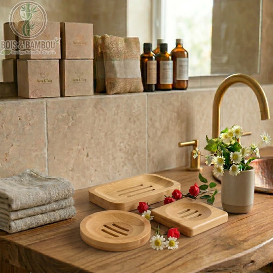 Porte-Savon en Bambou Artisanale. Trois porte-savons en bois (rectangulaire, rond, carré) sur un plan de travail en bois. Décoration de salle de bain zen avec fleurs et flacons.