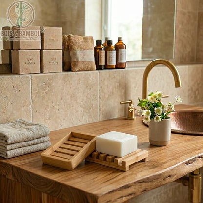 Porte-Savon en Bambou. Deux modèles de porte-savons naturels avec un pain de savon blanc sur un plan de travail en bois. Décor de salle de bain zen avec fleurs et robinetterie dorée.