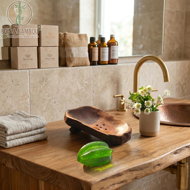 Porte-Savon en Bois Irrégulier sur un plan de travail en bois. Design sculpté naturel avec trous de drainage, savon vert, fleurs et produits de soin dans une salle de bain rustique.
