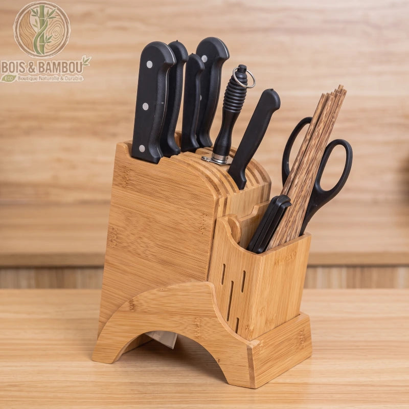 Porte-couteau bambou cuisine modele 4 garni de couteaux et ciseaux en situation, Bois et Bambou Eco