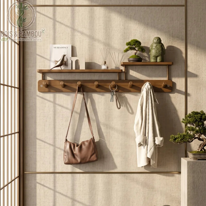 Porte manteau mural créatif en bambou situation 1 : étagère en bois avec crochets supportant un sac et une veste, décorée d'un bonsaï et d'objets zen dans une entrée lumineuse.