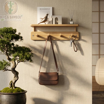 Porte manteau mural créatif en bambou situation 2 : étagère en bois clair avec quatre crochets, un sac marron et des clés, sur un mur texturé près d'un bonsaï dans une ambiance zen.