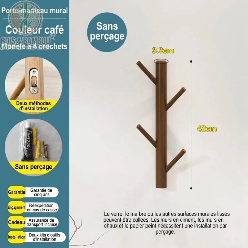 Porte manteau mural en bambou modele 4 crochets cafe. Infographie d'un support de 42 cm de haut, couleur café, doté de 4 crochets avec deux méthodes d'installation, dont une option sans perçage.