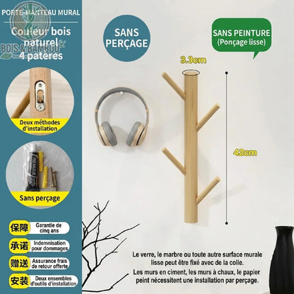 Porte manteau mural en bambou modele 4 crochets naturelle. Infographie d'un support de 42 cm en bois naturel sans peinture, avec 4 patères et deux options d'installation dont une sans perçage.