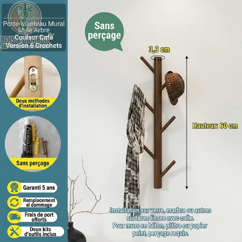Porte manteau mural en bambou modele 6 crochets cafe. Infographie d'un support mural de 60 cm de hauteur couleur café, avec 6 crochets, options d'installation avec ou sans perçage et garanti 5 ans.