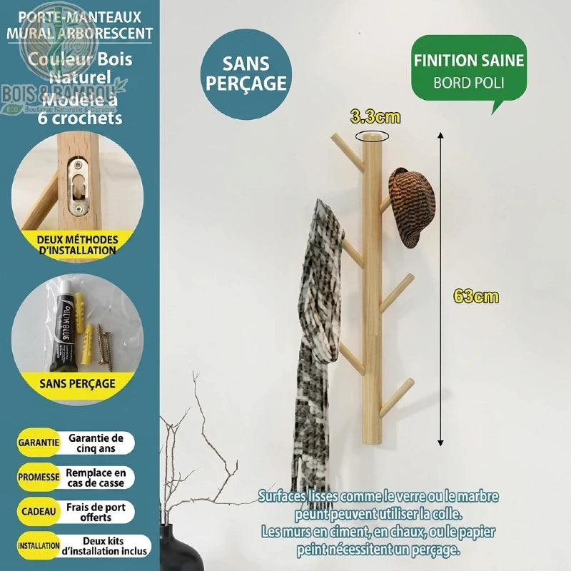 Porte manteau mural en bambou modele 6 crochets naturelle. Infographie d'un support de 63 cm de haut à bord poli, couleur bois naturel, avec deux méthodes d'installation dont une sans perçage.