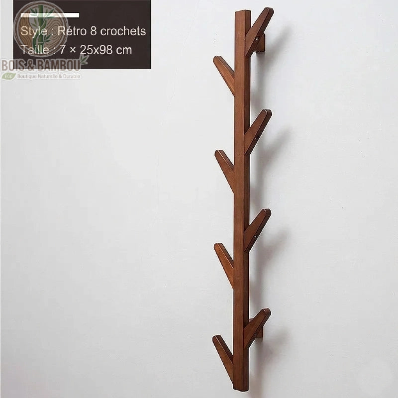 Porte manteau mural en bambou modele 8 crochets marron retro. Support mural vertical de style rétro aux finitions marron foncé, doté de 8 crochets inclinés et mesurant 7 x 25 x 98 cm.