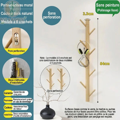 Porte manteau mural en bambou modele 8 crochets naturelle. Infographie montrant un support de 84 cm sans peinture au polissage lisse, avec options d'installation avec ou sans perforation.