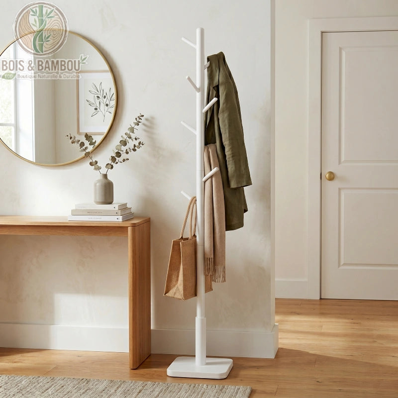 Porte manteau sur pieds en bois d hevea blanc. Porte-manteau blanc sur pied de style arbre portant un manteau vert et un sac, placé dans une entrée élégante près d'un miroir et d'une console.