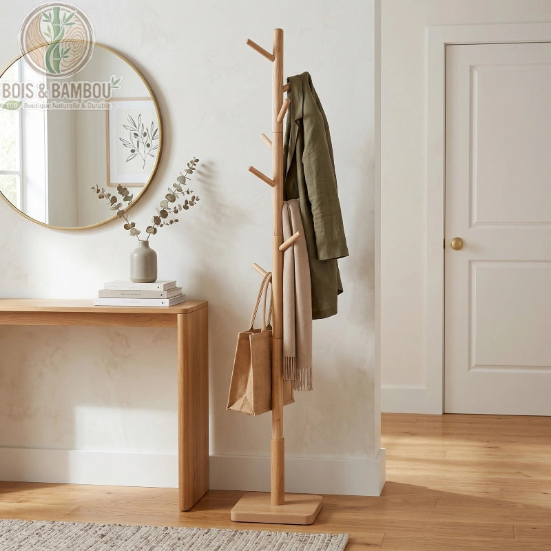 Porte manteau sur pieds en bois d hevea naturelle. Porte-manteau sur pied en bois clair au design scandinave, portant une veste et un sac, situé dans un intérieur minimaliste près d'une console.