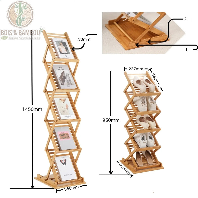 Porte revues en bois et bambou dimension 1. Schéma technique d'un porte-revues pliable en bambou affichant ses hauteurs réglables de 950 mm à 1450 mm et ses dimensions d'étagères de 237x360 mm.