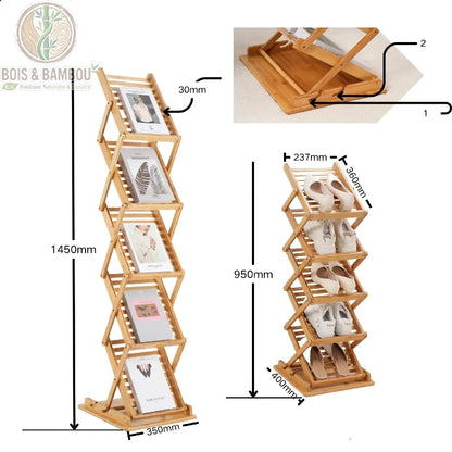 Porte revues en bois et bambou dimension 1. Schéma technique d'un porte-revues pliable en bambou affichant ses hauteurs réglables de 950 mm à 1450 mm et ses dimensions d'étagères de 237x360 mm.