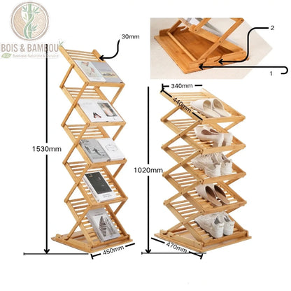 Porte revues en bois et bambou dimension 2. Schéma technique du porte-revues pliable en bambou grand modèle, avec une hauteur réglable jusqu'à 1530 mm et des tablettes de 340x440 mm pour journaux.