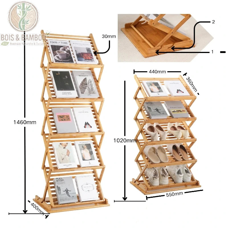 Porte revues en bois et bambou dimension 3. Schéma technique du porte-revues pliable en bambou large, indiquant une hauteur ajustable jusqu'à 1460 mm et des tablettes spacieuses de 440x360 mm.