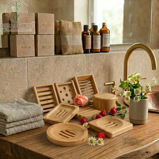 Porte-savon en bambou durable. Une collection variée de porte-savons et accessoires en bambou sur un plan de travail en bois. Décor de salle de bain zen avec des fleurs et des flacons.