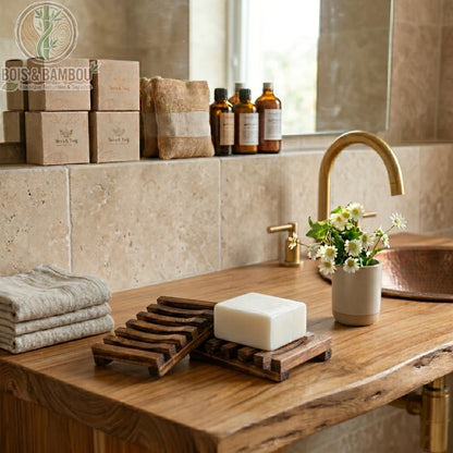 Porte-savon en bois naturel. Deux porte-savons en bois avec un savon blanc sur un plan de travail en bois. En arrière-plan : des serviettes, des fleurs, et des bouteilles.