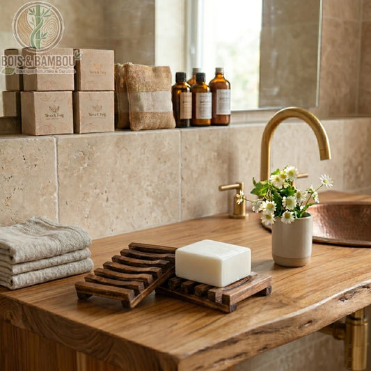 Porte-savon en bois naturel. Deux porte-savons en bois avec un savon blanc sur un plan de travail en bois. En arrière-plan : des serviettes, des fleurs, et des bouteilles.