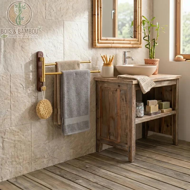 Porte-serviettes Pivotant en bois sombre et laiton avec une serviette grise et une beige. Installé sur un mur en pierre texturé dans une salle de bain rustique.
