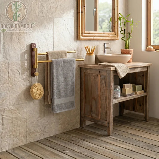 Porte-serviettes Pivotant en bois sombre et laiton avec une serviette grise et une beige. Installé sur un mur en pierre texturé dans une salle de bain rustique.