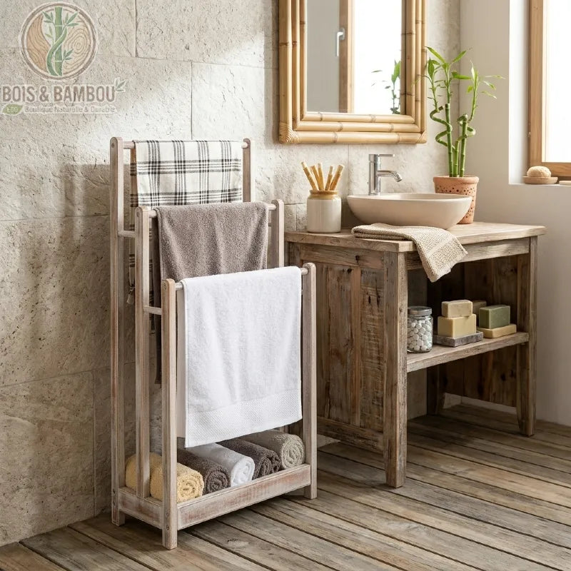 Porte-serviettes en Bois de Sapin avec trois barres et étagère basse. Design rustique et écologique dans une salle de bain naturelle avec serviettes blanches et brunes.