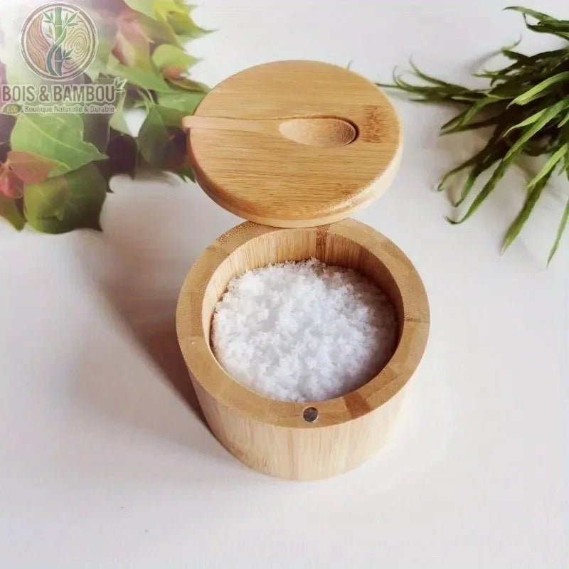 Pot condiments bambou aimante vue de cote couvercle ouvert Bois et Bambou Eco