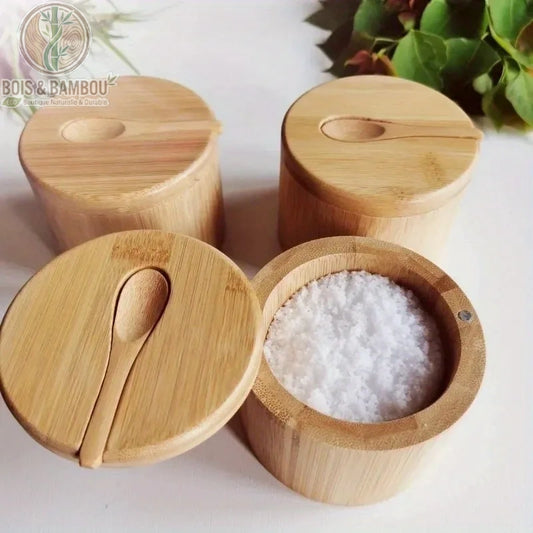 Pot condiments bambou aimante ouvert avec gros sel Bois et Bambou Eco