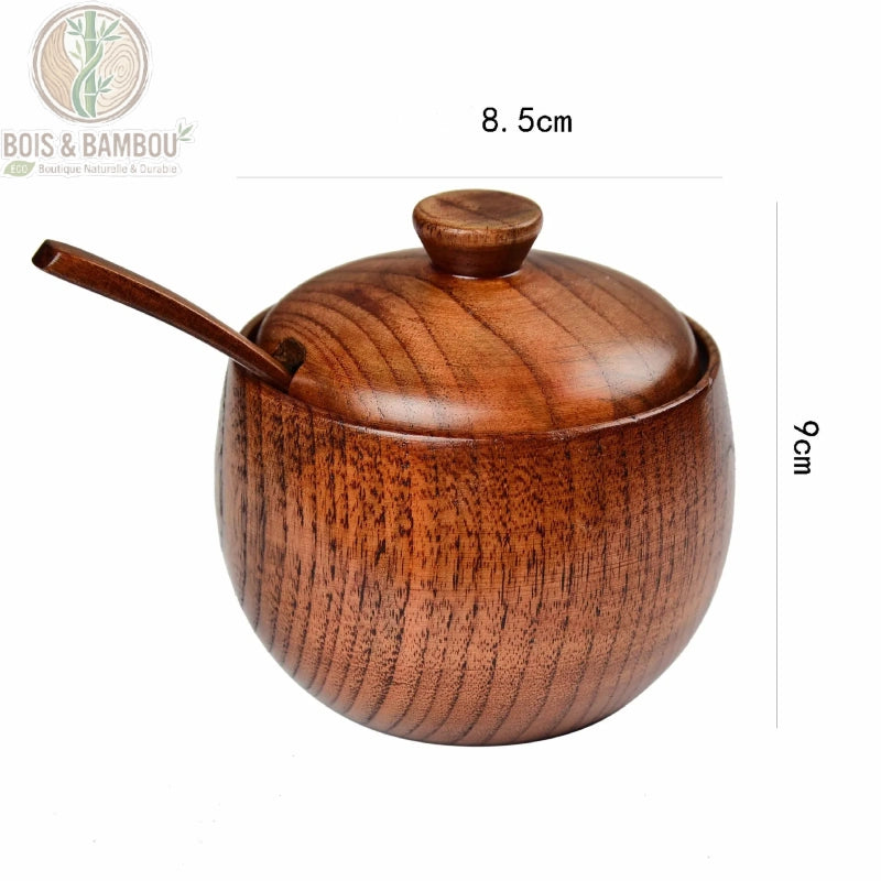 Pot à épices rétro en bois de jujubier avec couvercle et cuillère incluse, vue de face sur fond blanc avec dimensions 8.5cm