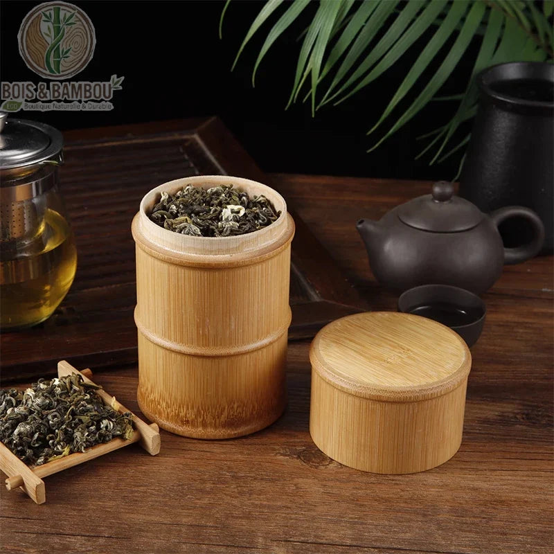 Pot de Conservation en Bambou Naturel ouvert avec the interieur gros plan couvercle bambou qualite alimentaire BoisetBambouEco