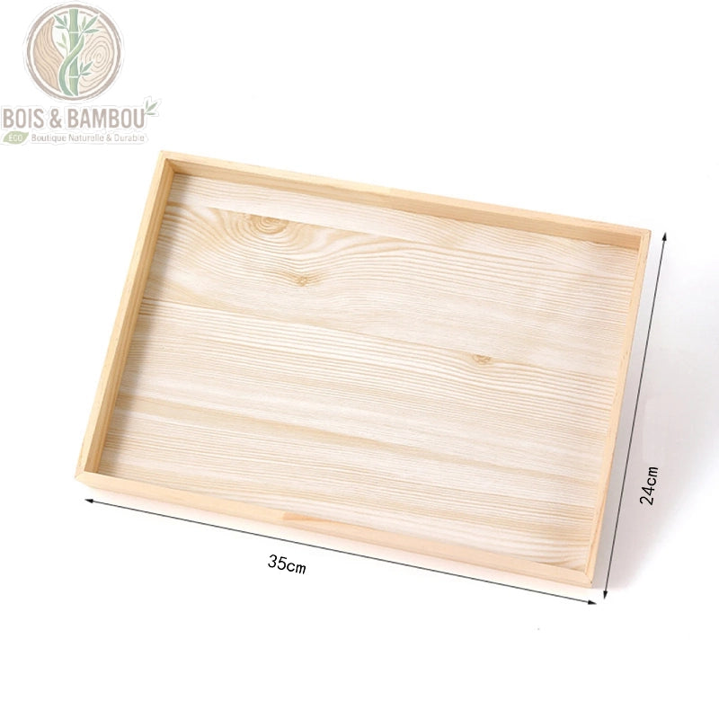 Plateau présentoir à bijoux en bois naturel sans compartiment, dimensions 35 x 24 cm annotées