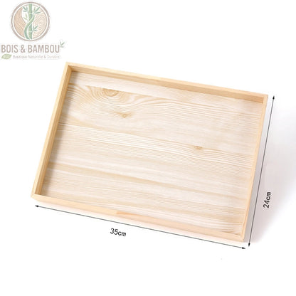 Plateau présentoir à bijoux en bois naturel sans compartiment, dimensions 35 x 24 cm annotées