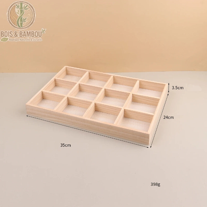 Plateau présentoir à bijoux en bois 12 compartiments, dimensions 35 x 24 x 3,5 cm et 398 g