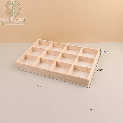 Plateau présentoir à bijoux en bois 12 compartiments, dimensions 35 x 24 x 3,5 cm et 398 g