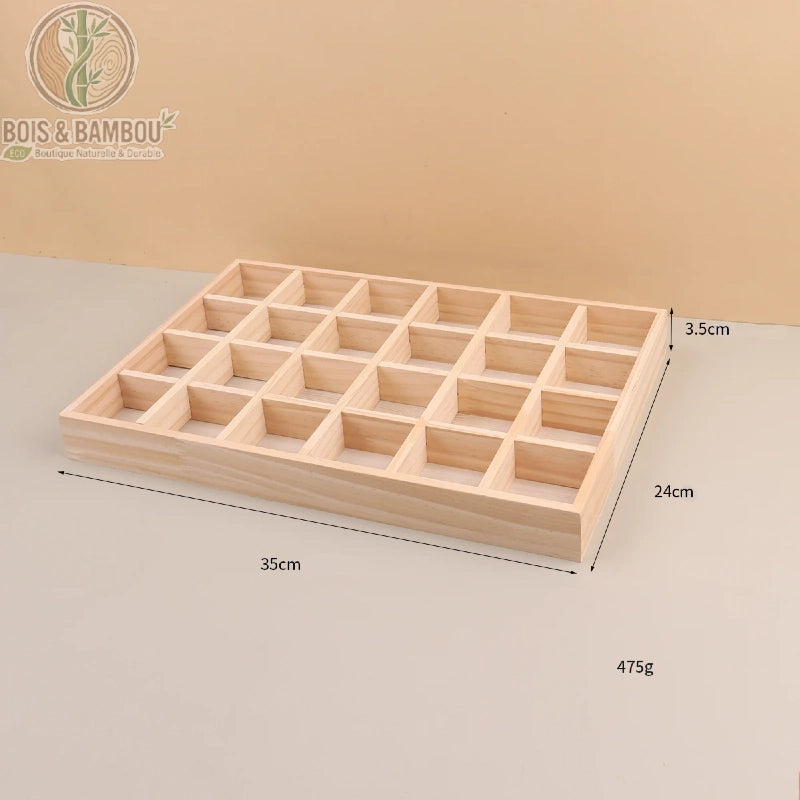 Plateau présentoir à bijoux en bois 24 compartiments, dimensions 35 x 24 x 3,5 cm et 475 g