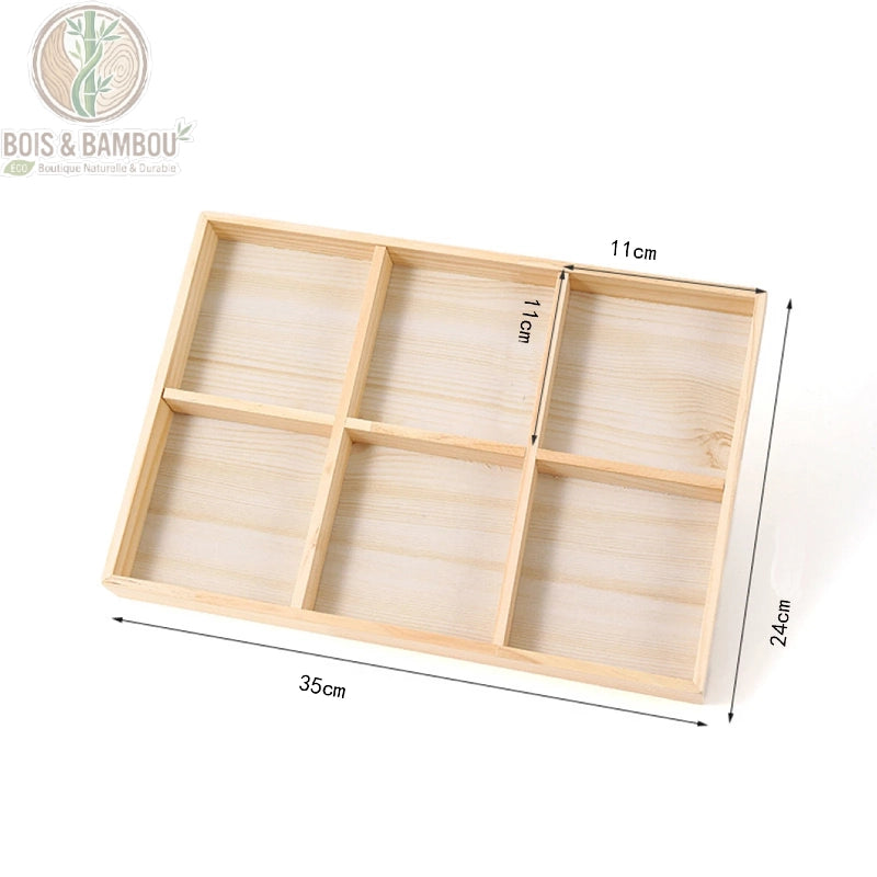 Plateau présentoir à bijoux en bois 6 grands compartiments de 11 x 11 cm, dimensions 35 x 24 cm