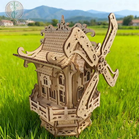 Puzzle 3D moulin à vent en bois vue de côté ailes ajourées