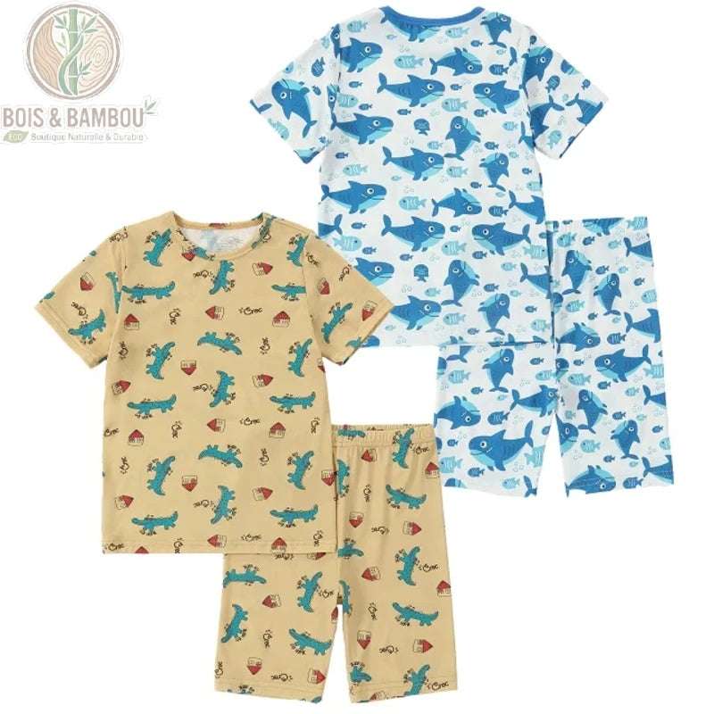 Pyjama enfant bambou 2 pièces motif requin jaunâtre