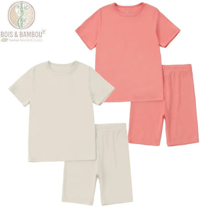 Pyjama enfant bambou 2 pièces couleur unie rose beige