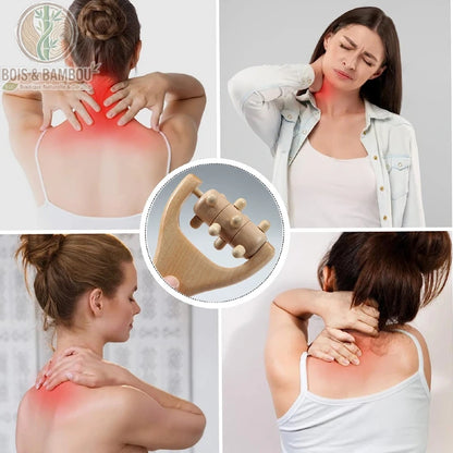Rouleau de massage en bois naturel utilisé sur le cou et les épaules
