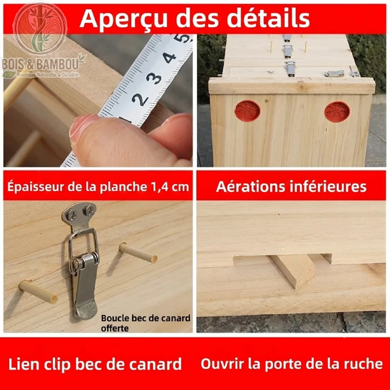 Détails de la ruche en cèdre, fermoirs et aérations inférieures