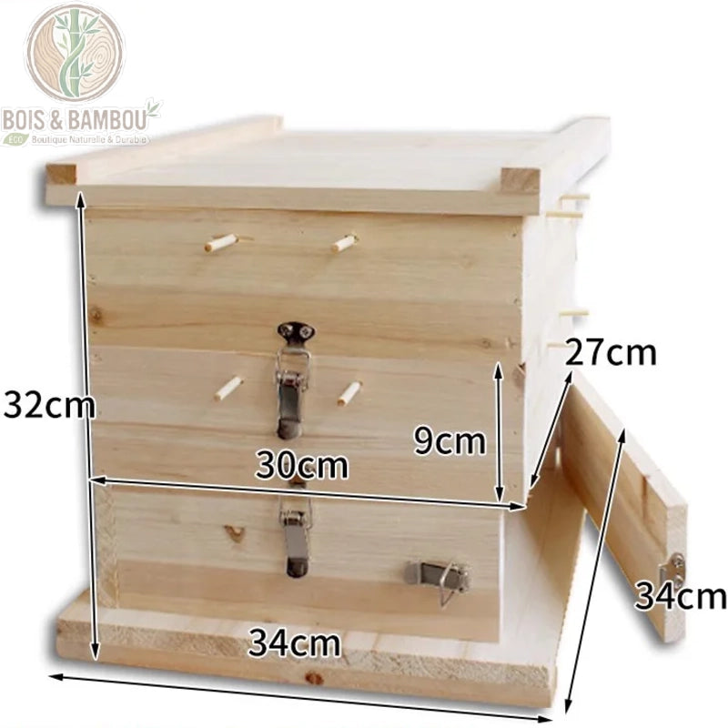 Ruche en cèdre empilable vue avec dimensions 34 cm de largeur