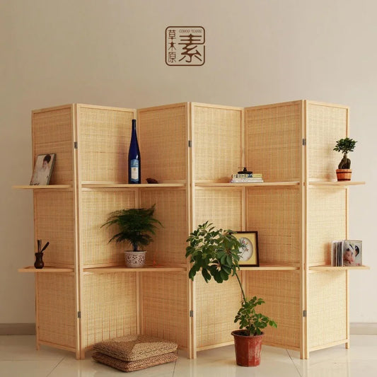 Paravent en bois massif et tissage de bambou