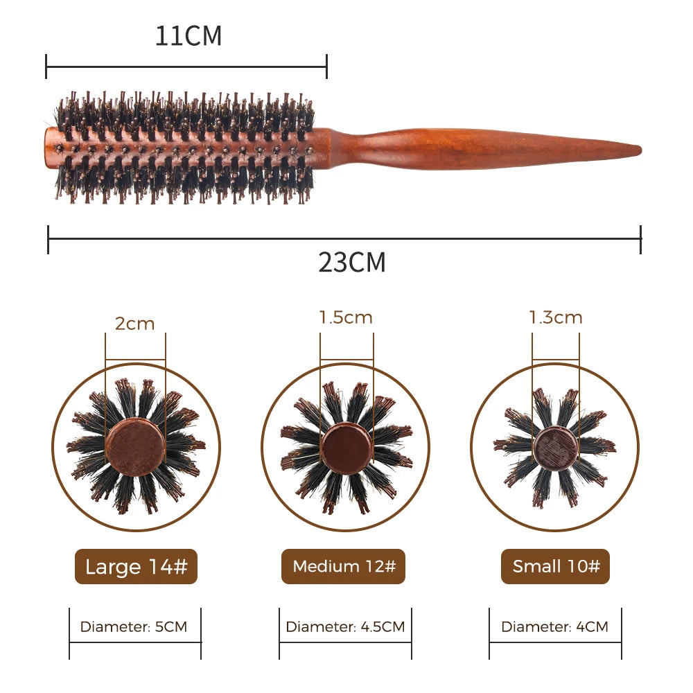 Brosse à cheveux ronde en poils de sanglier et manche en bois