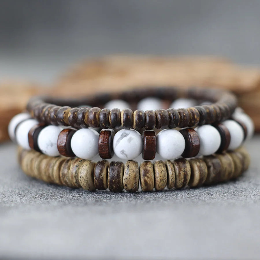 Set de 3 bracelets en bois de coco et pierres naturelles