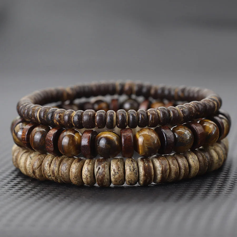 Set de 3 bracelets en bois de coco et pierres naturelles