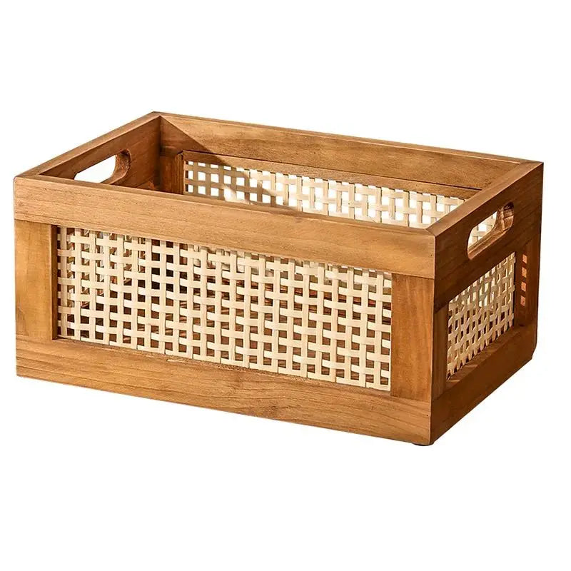 Panier de rangement rétro en bois et rotin